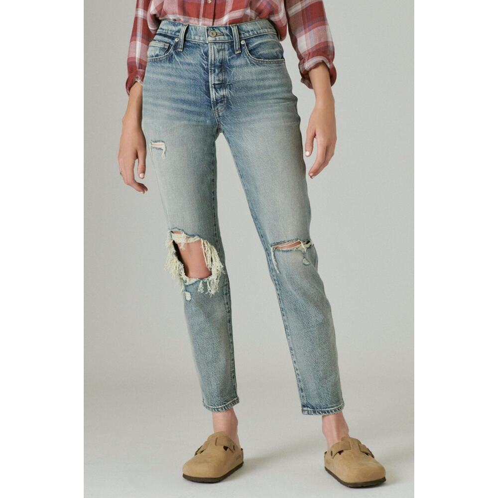 Lucky Brand High Rise Ripped Drew Mom Jean Atmosphere Dest Blue Washed Sz 4/27